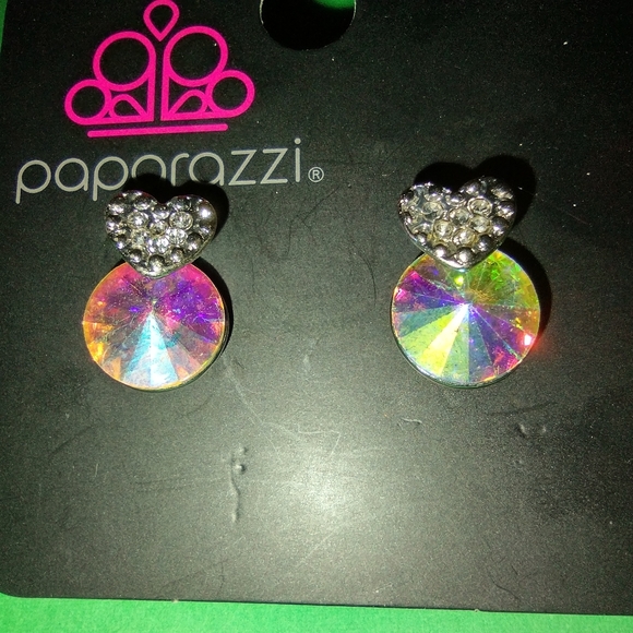 Iridescent Shimmer Rhinestone Earrings with Silver Heart from Paparazzi - Picture 3 of 8